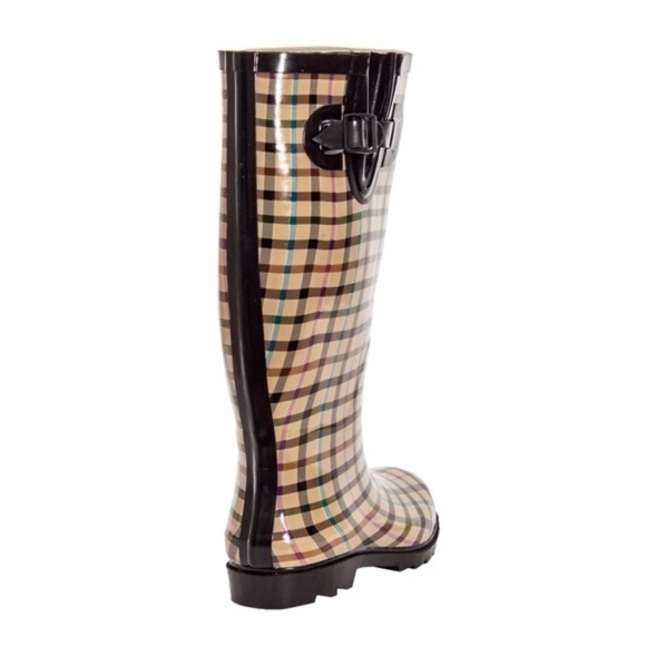 Women  Rubber Rain Boots, Lines Plaid Rainboots - Picture 3 of 4